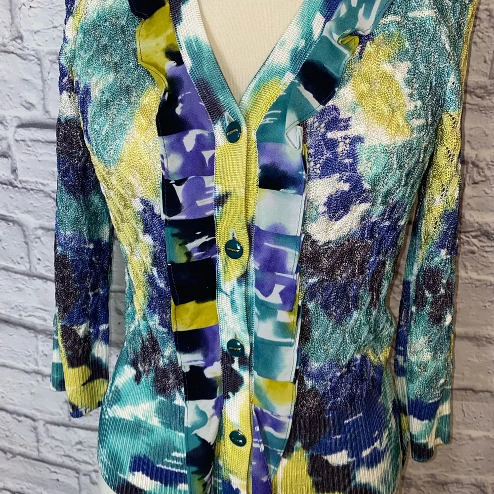 St John. Watercolor Button Up Cardigan in Blues, Yellow, Green. Size XS. - Picture 8 of 12